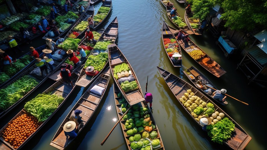 Floating market with boats transporting fruit and vegetables