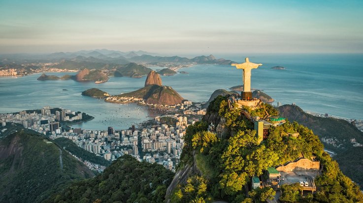 View of Rio de Janeiro with Christo statue in foreground