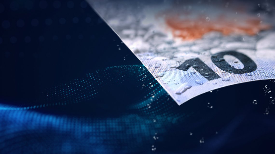 3D model of a banknote from which drops of water roll off