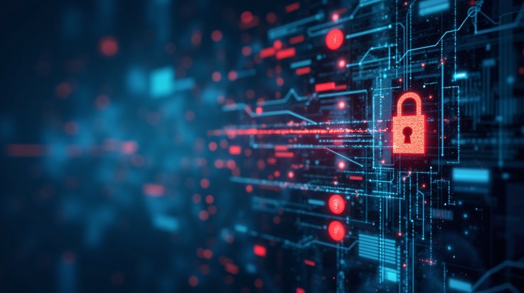 a digital animation of a classic red lock in front of digital numbers and figures