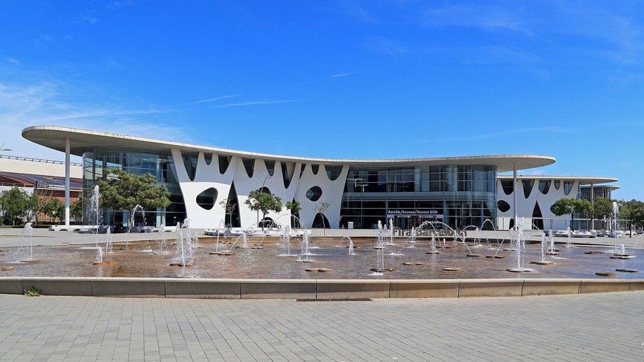 Congress building with blue sky for MWC24 summit in Barcelona