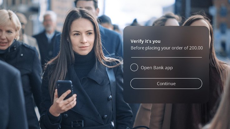 Person holding their smartphone with an overlay of different actions requiring authentication