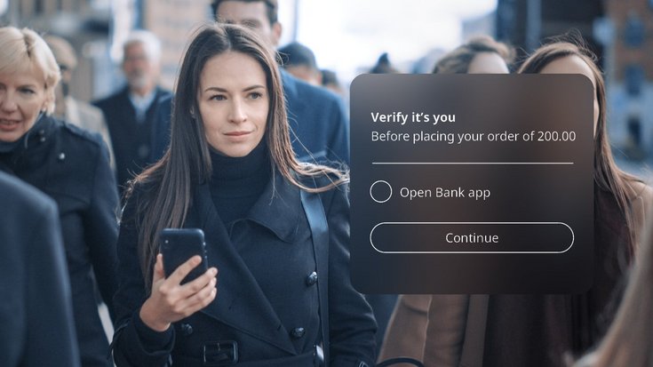 Person holding their smartphone with an overlay of different actions requiring authentication