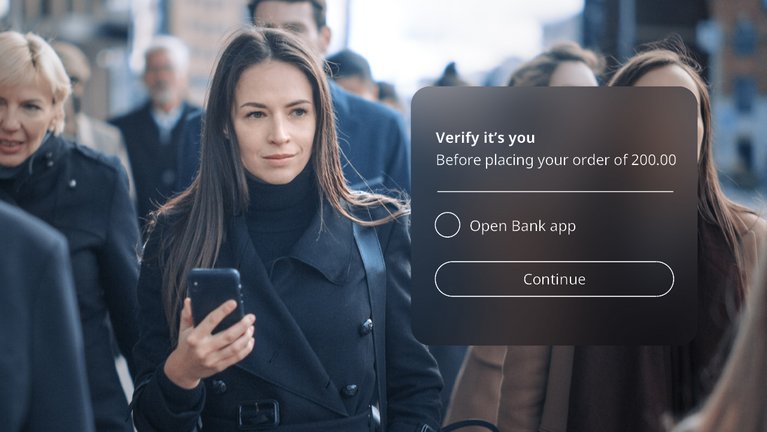 Person holding their smartphone with an overlay of different actions requiring authentication