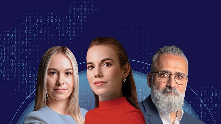 Colleagues in front of a digital background with binary code