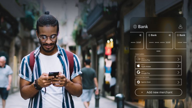 A man uses his smartphone on a busy street, next to a digital interface displaying various bank and digital wallet options.