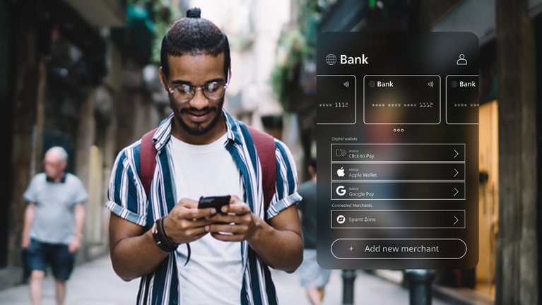 A man uses his smartphone on a busy street, next to a digital interface displaying various bank and digital wallet options.