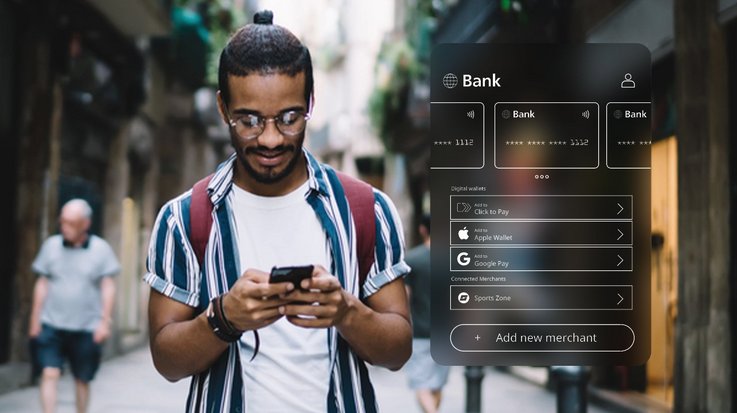 A man uses his smartphone on a busy street, next to a digital interface displaying various bank and digital wallet options.