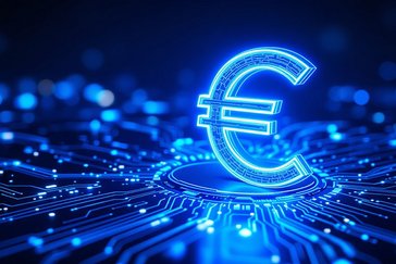 Glowing euro sign on circuit board