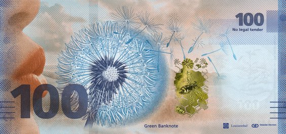 Blue and green 100 value note with dandelion