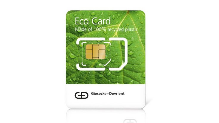 Two SIM cards with the inscription Green SIM by G+D, Eco Card
