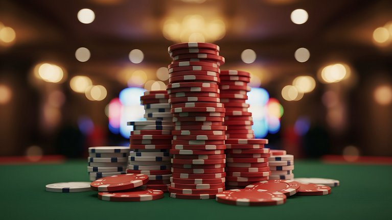 Stacked casino chips on a green felt table