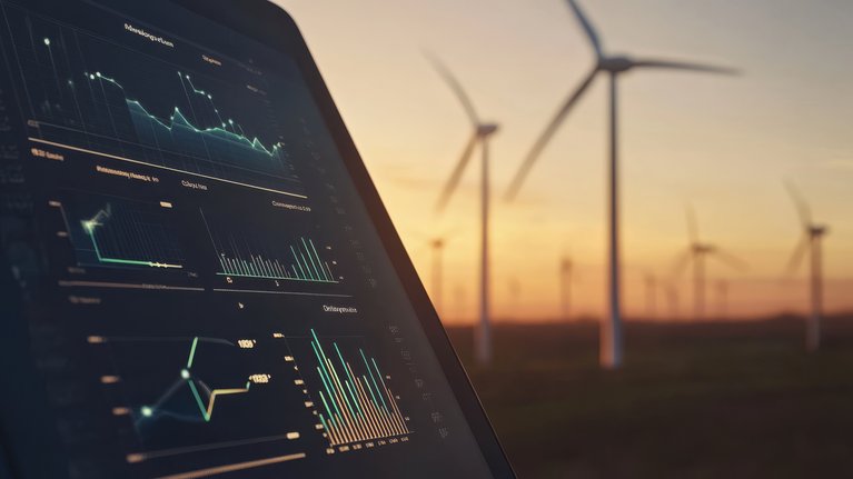 Digital data analysis on a screen with wind turbines