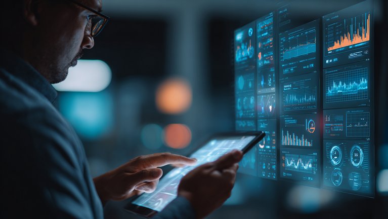 Man interacting with a virtual data dashboard on a tablet