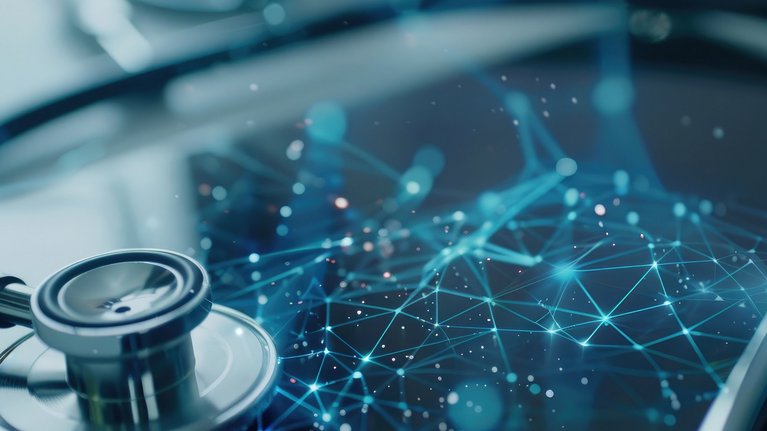 Stethoscope on a tablet with a glowing network graphic
