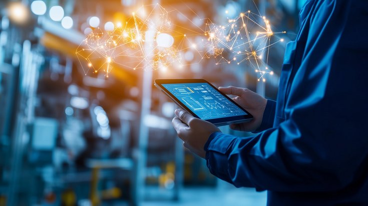 Worker holding a tablet with a glowing network in a factory