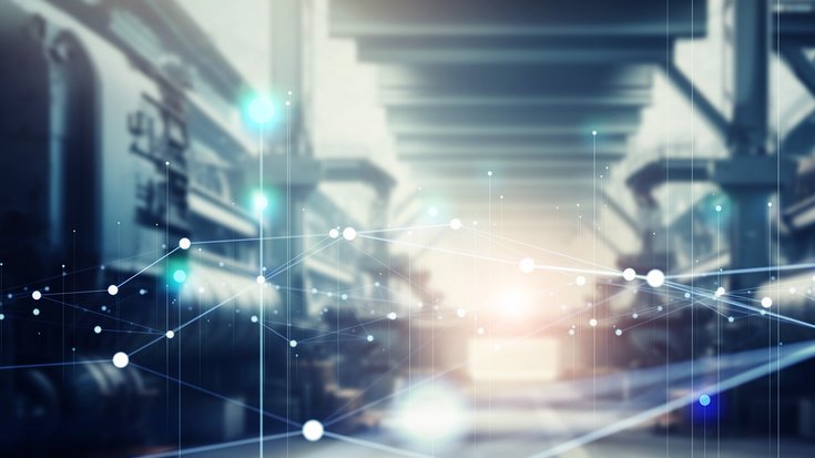 Factory interior with an overlay of a digital network