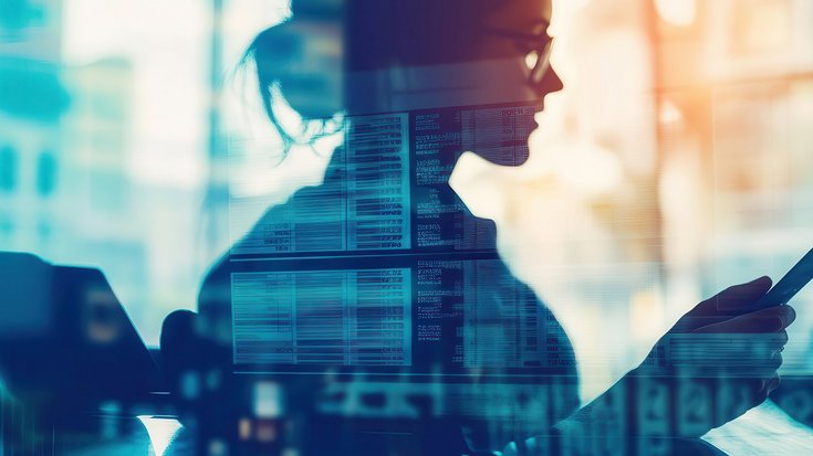 Woman reading data on tablet; double exposure