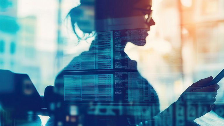 Woman reading data on tablet; double exposure