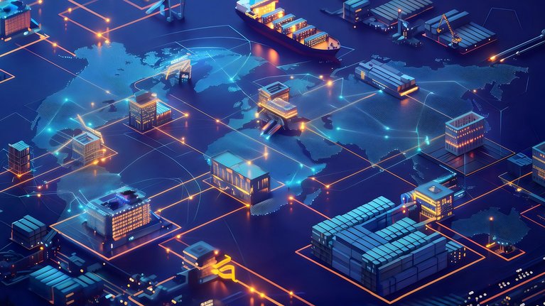 Digital global logistics map with buildings and cargo ship