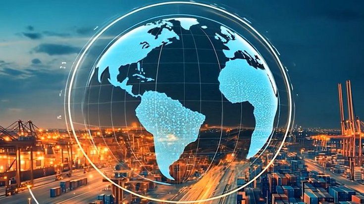 Digital globe overlay on a busy container port at dusk, symbolizing global trade and logistics.