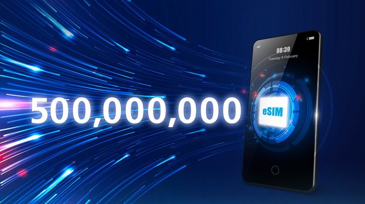 Smartphone displaying "500,000,000 eSIM" on digital background