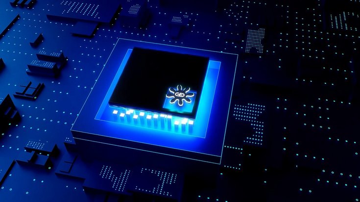 Close-up of a glowing microchip with Giesecke+Devrient logo on a blue circuit board.
