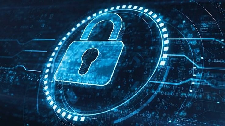 Digital padlock icon glowing in blue on a futuristic circuit background, symbolizing cybersecurity.