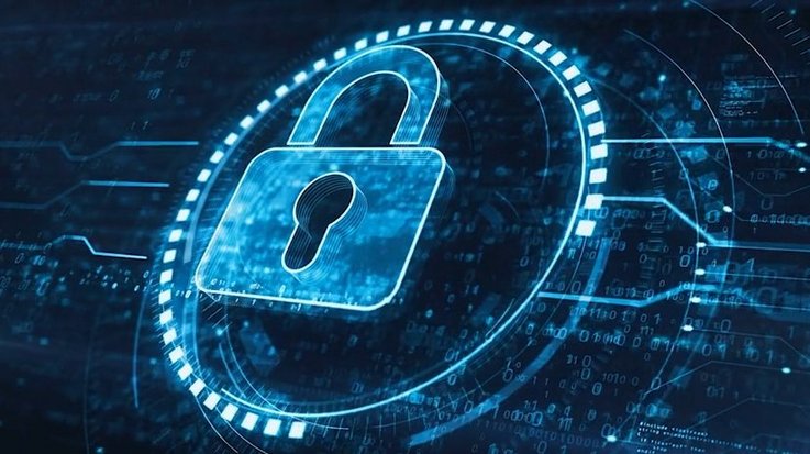 Digital padlock icon glowing in blue on a futuristic circuit background, symbolizing cybersecurity.