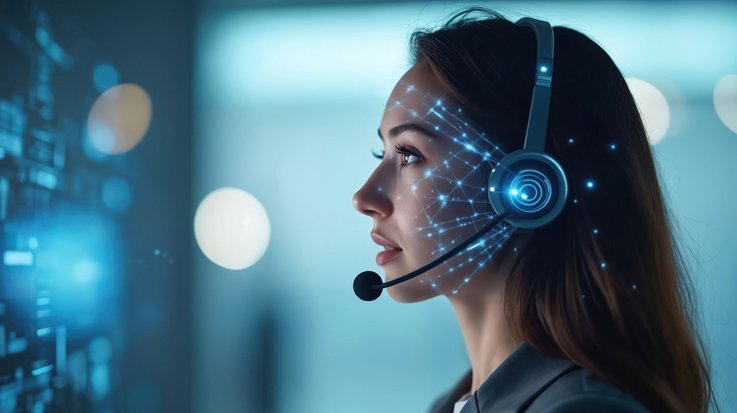Person with headset overlaid with digital network connections, symbolizing tech-enabled customer service.