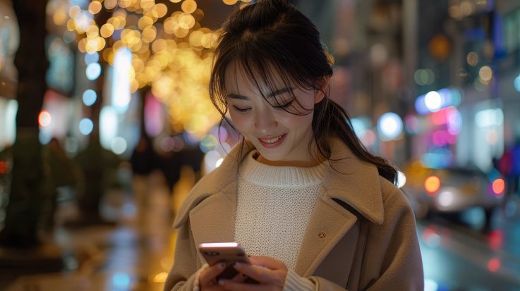 Person using a smartphone on a city street at night with bokeh lights in the background.