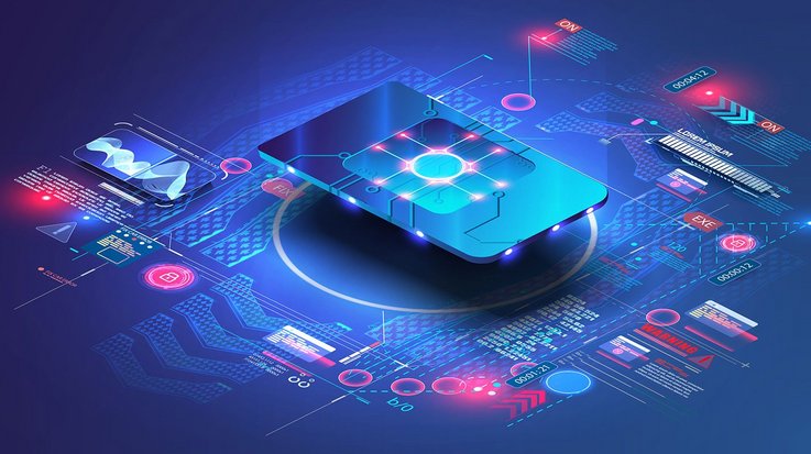 Futuristic digital illustration of a microchip surrounded by glowing data elements and circuit patterns on a dark blue background.