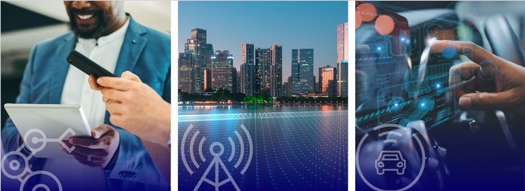 Collage showing mobile devices, smart city signals, and in-car touchscreen technology.