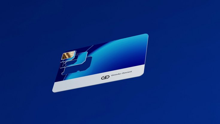 Blue smart card with embedded chip and Giesecke+Devrient logo on a solid blue background.