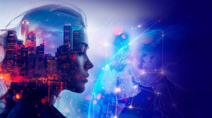 Silhouette of a woman overlaid with a bright city skyline and a glowing globe, symbolizing human connection and futuristic technology.