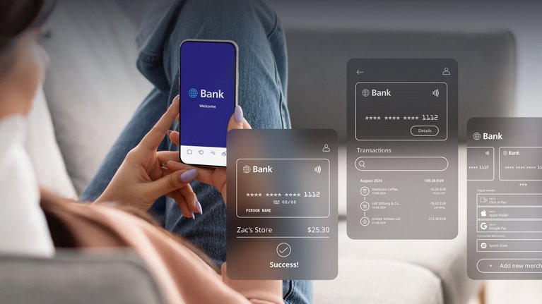 A person using a smartphone with various banking interfaces shown, including transaction details and payment options.