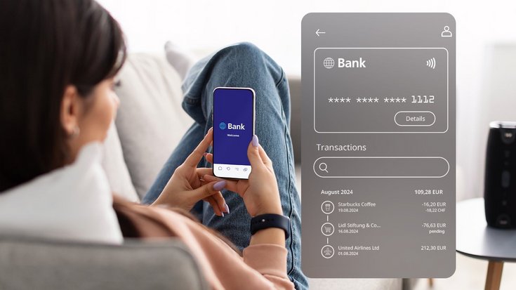 A person using a smartphone with various banking interfaces shown, including transaction details and payment options.