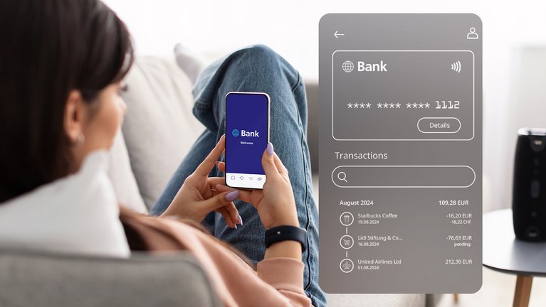 A person using a smartphone with various banking interfaces shown, including transaction details and payment options.