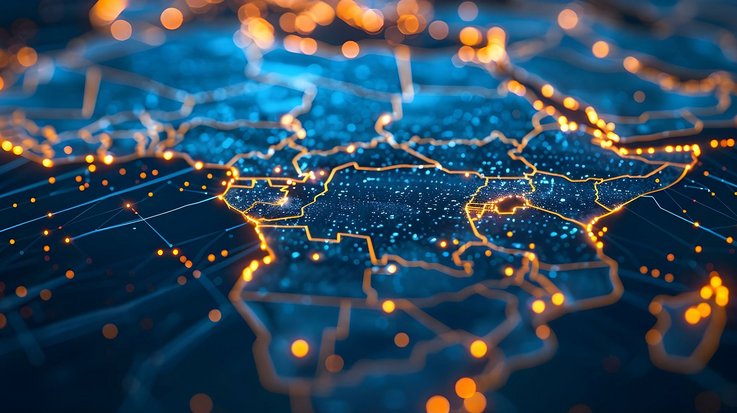 A digital map of Africa with glowing lines and dots