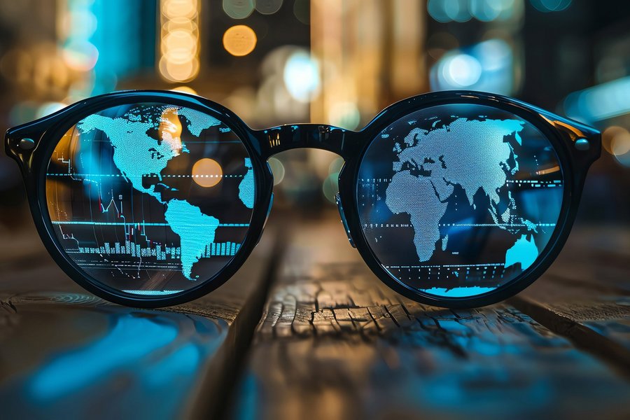 Close-up of eyeglasses reflecting a digital world map and data charts