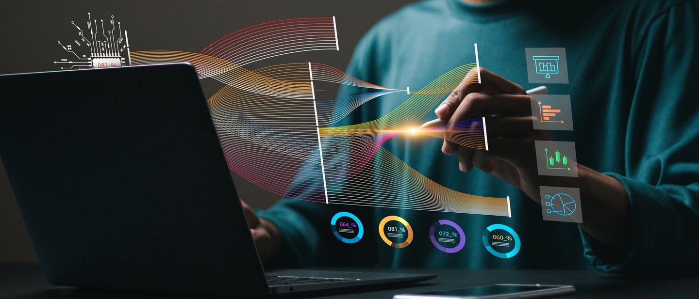a digital visualization of a person handling a smart device with touchscreen