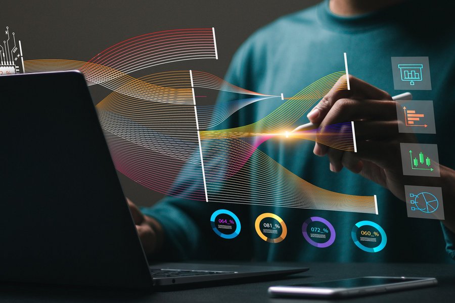 a digital visualization of a person handling a smart device with touchscreen