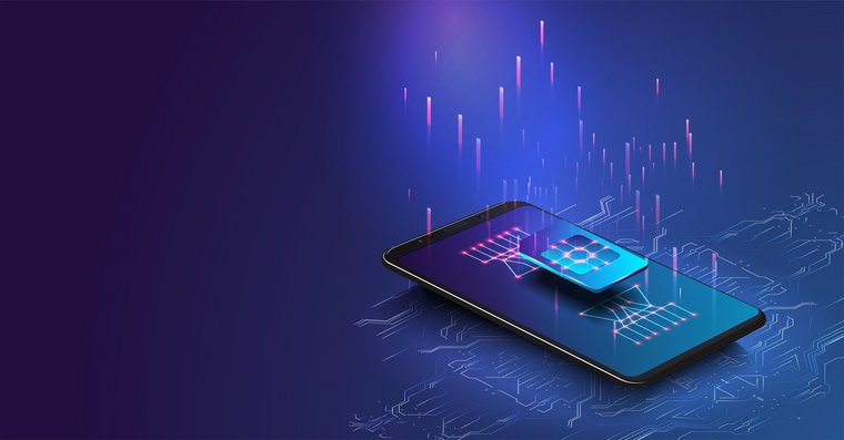 visualization of a smartphone device in blue and purple colourways