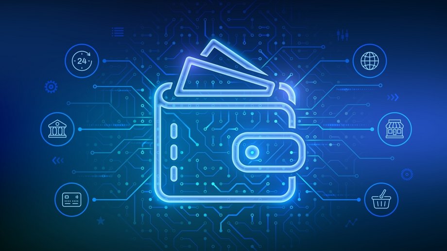 Digital wallet icon with connected finance and commerce symbols on a futuristic background.