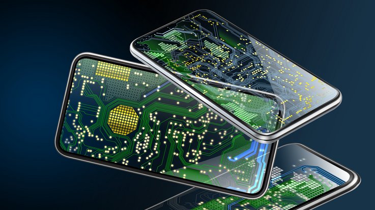 Three smartphones with transparent screens showing internal electronic circuits, highlighting the embedded nature of the eSIM