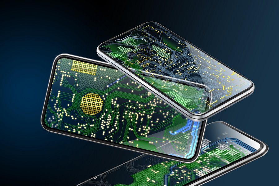 Three smartphones with transparent screens showing internal electronic circuits, highlighting the embedded nature of the eSIM