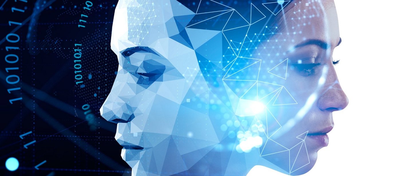 Digital concept image showing a woman alongside an abstract AI visualization of polygons and data.