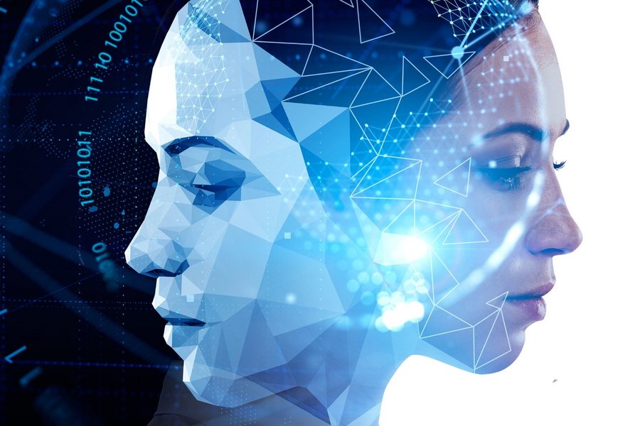 Digital concept image showing a woman alongside an abstract AI visualization of polygons and data.