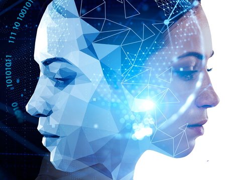 Digital concept image showing a woman alongside an abstract AI visualization of polygons and data.