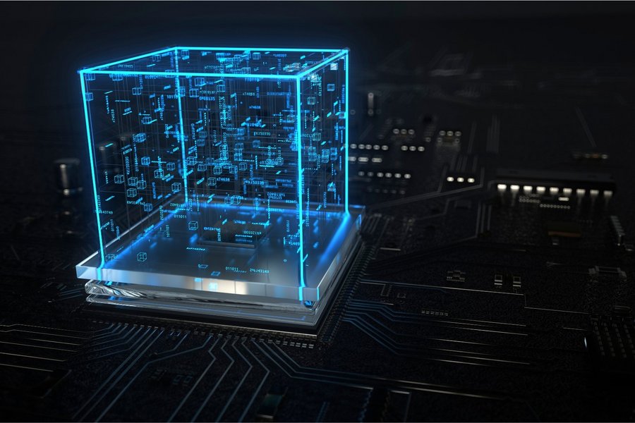 Three dimensional render of blue cube glowing on top of circuit board representing big data and IoT